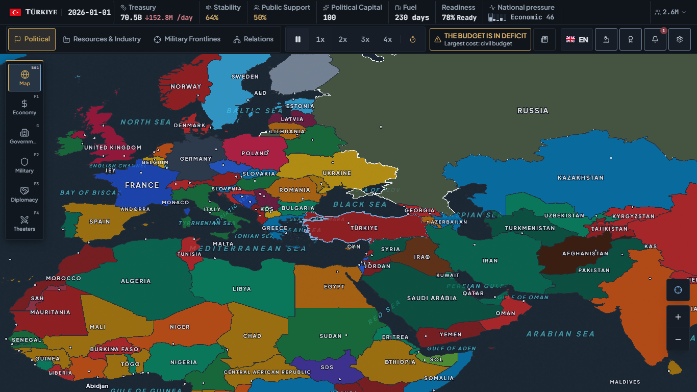 DOMINARCH gameplay showing the political map of Europe, the Mediterranean, and neighboring states with treasury, stability, fuel, and readiness in the national overview.
